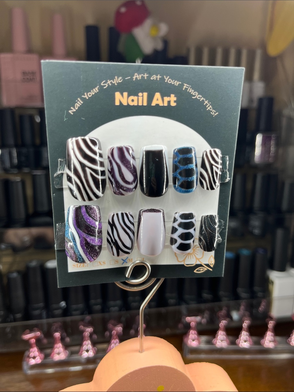 Hand Crafted Press-On Nails - Black, White, Purple & Blue Accents